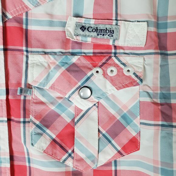 Columbia PFG Womens Pink Blue White Plaid Pearl Snap LS Shirt Top Size Small - Picture 6 of 6